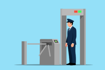 security, guard, officer, uniform, airport, checkpoint, metal detector, scanner, turnstile, gate, access, safety check, protection, monitoring, cartoon, station, entry, access code, security service, access control